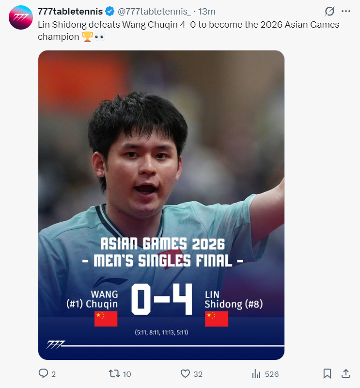 首次亚运会3金1银！美记晒林诗栋男单夺冠旅程 大V盛赞最耀眼的明星